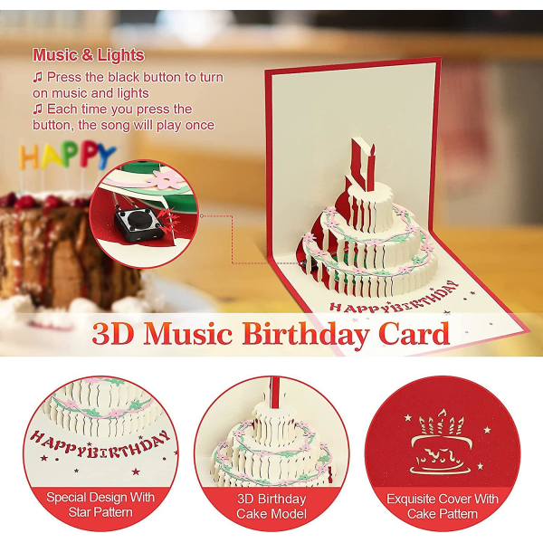 Musikaalinen syntymäpäiväonnittelukortti syntymäpäiväkutsu lahjakortti tyttö mies poika nainen 3d ponnahdusikkuna kirjekuorella punaisella