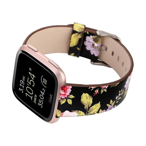 For Fitbit Versa 1/2 klokkebånd med blomstermønster Black Pink