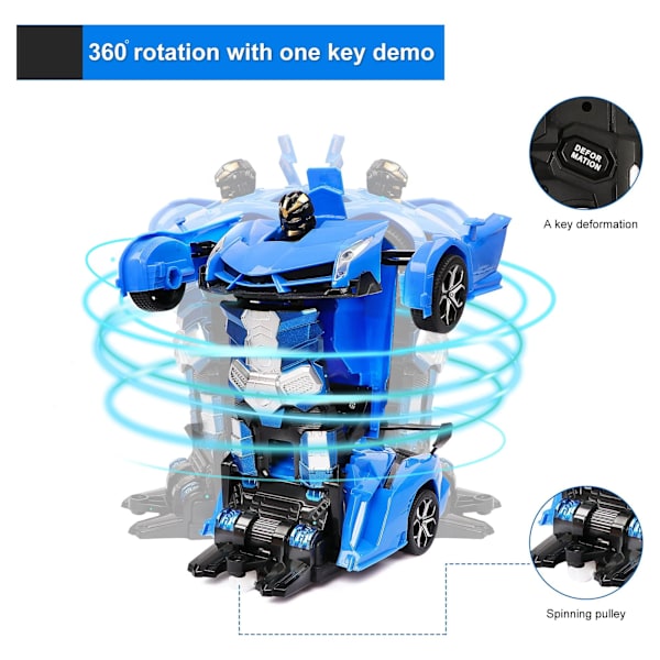 Kauko-ohjattava auto, joka muuttuu robotiksi, RC-autot lapsille, 2,4 GHz, 1:18 pyörivä temppuauto, sininen