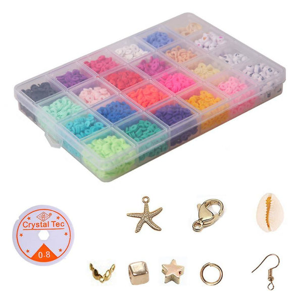 Flad rund Polymer Clay Spacer Beads Kit Charms Elastic String Lobster Clasp Box