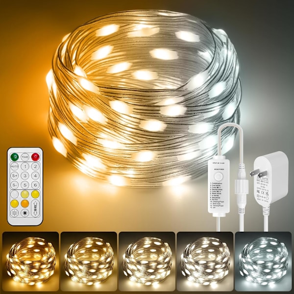 Fairy Lights Plug in Utomhus, 30m 2700K-6500K Vita Julgransljus IP67 Vattentät med Fjärrkontroll, 8 Lägen, Varm-Kall Vit LED Fairy