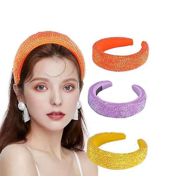 Kvinners Polstret Fløyel Hårbøyle Bredt Hodebånd Glitrende Holografisk Ab Resin Rhinestone Hodeplagg Yellow