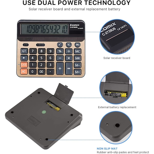 Laskin 12-numeroinen LCD-näyttö Vakiotoiminto Pöytälaskimet Suurilla tietokoneen näppäimillä Kaksivirtalähde Aurinkokäyttöinen Toimistolaskin Samppanjakullanvärinen