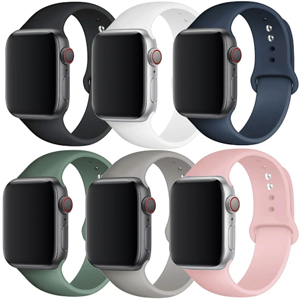 6-pakning silikonreimer for Apple Watch-reimer 40mm 38mm 44mm 42mm 41mm 45mm Dame Menn, Myk Silikon Vanntett Sportreim Erstatningsarmbånd