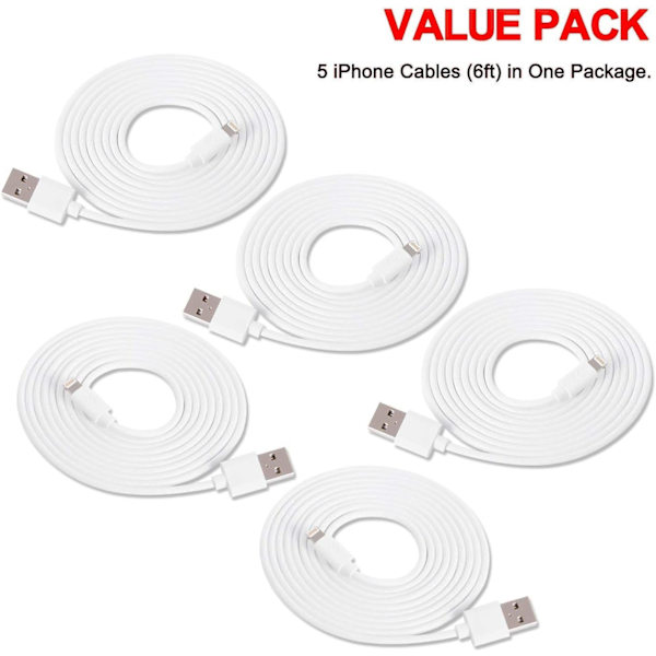 Certifierad iPhone-laddare. 5-pack 1,8 m Lightning-kabel Extra Lång iPhone