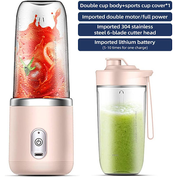 Juice Blender 40W Blender Cup Återuppladdningsbar USB Dubbel Kopp Rosa