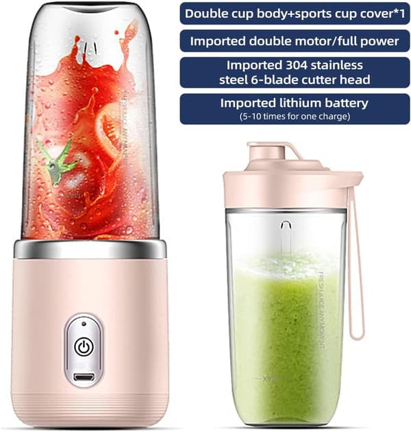 Juice blender 40W blender kopp oppladbar USB Dobbel kopp Rosa