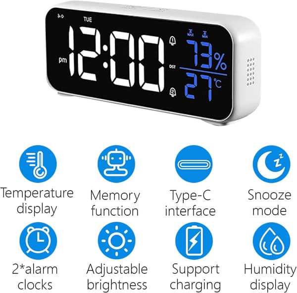 Väckarklocka med LED-klocka, digital display av temperatur och luftfuktighet