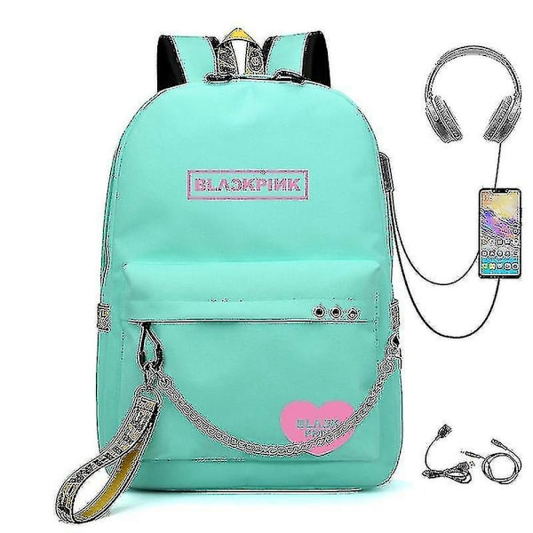 2023 Usb Oppladbar Ryggsekk Blackpink Ryggsekk Student Skolesekk Green