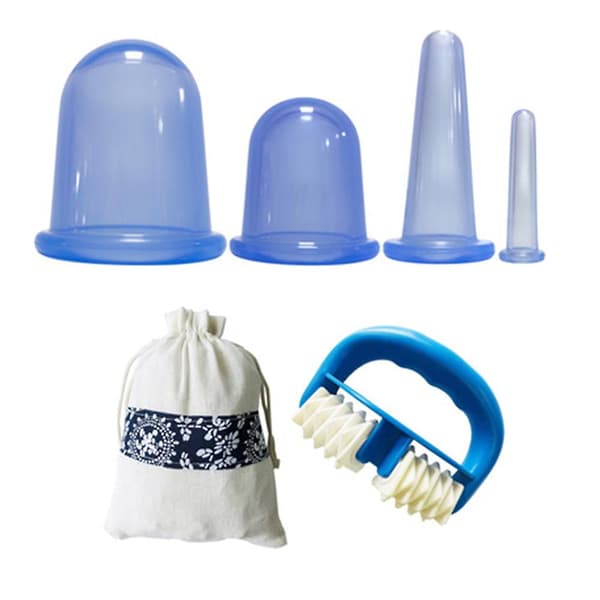 4 stk. Vakuumkopper + massagerulle Silikone Cupping Set, kropsmassage Blue