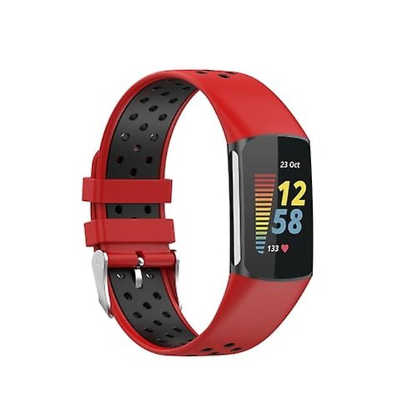Til Fitbit Charge 5 dobbeltfarvet metalspændehul silikoneurrem Red Black