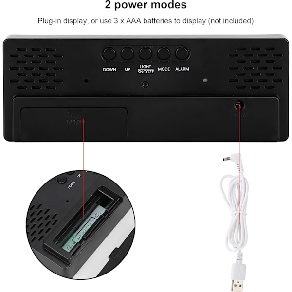 Väckarklocka LED Spegel Väckarklocka USB Elektronisk Digital Bordsladdningsbar Svart