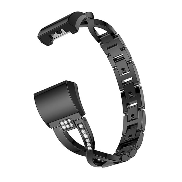 X-formad watch i massivt rostfritt stål med diamanter för Fitbit Charge 2 Black