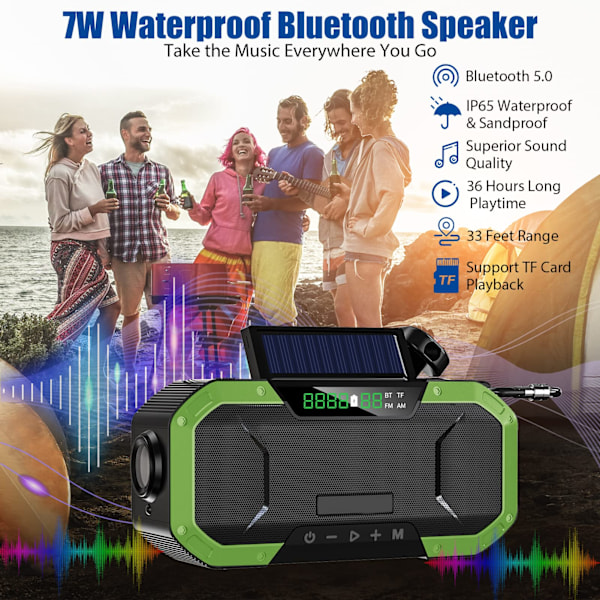 Emergency Weather Radio, 5000mAh Solar Hand Crank Radio, AM FM NOAA Weather Alert Radio med Bluetooth-høyttalere/ lommelykt/ SOS, grønn