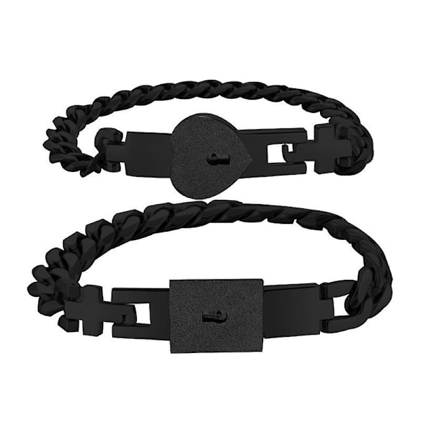 2kpl Hopeanvärinen ruostumaton teräs Lover Heart Love Lock Rannekoru Lukko-avaimen rannerengassarja Pari Korusetti Lahja Black