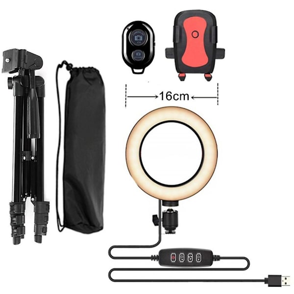 Led Ring Light, Telefonlysstativ med Bluetooth-fjernkontroll, 16 cm