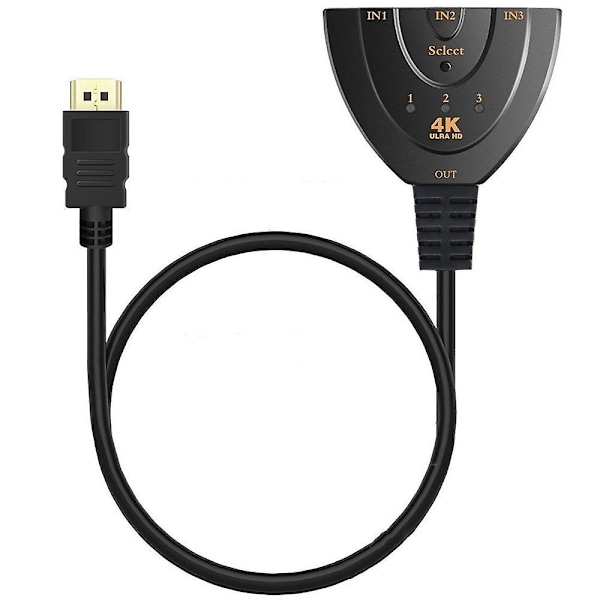 Switch, 3 Port 4k HDMI Switch 3x1 Switch Splitter med Pigtail-kabel stöder Full Hd 4k 1080p