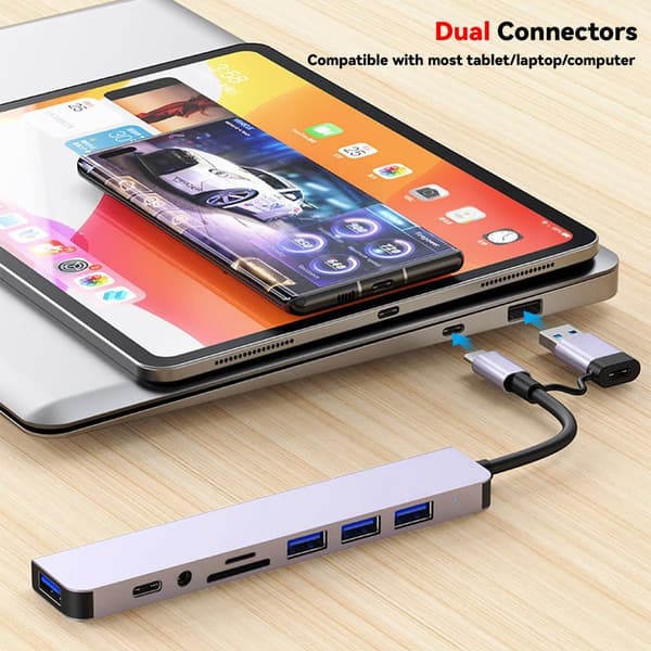 8 i 1 USB C Hub 4 USB-porte, TF/SD-kortlæser kompatibel med MacBook Pro, iPad Pro, bærbare computere adapter
