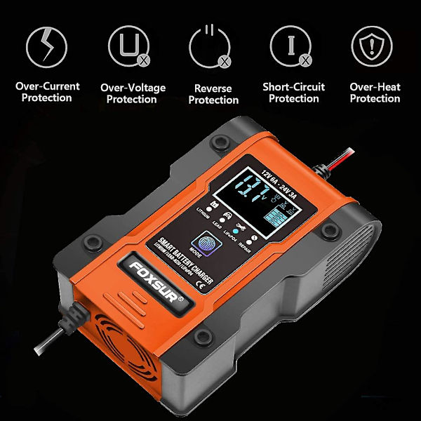 Lithium batterioplader, 12v/24v 6amp fuldautomatisk intelligent bilbatterioplader (lithiumbatterier, blysyrebatterier, calcium osv.)/vedligeholder Red