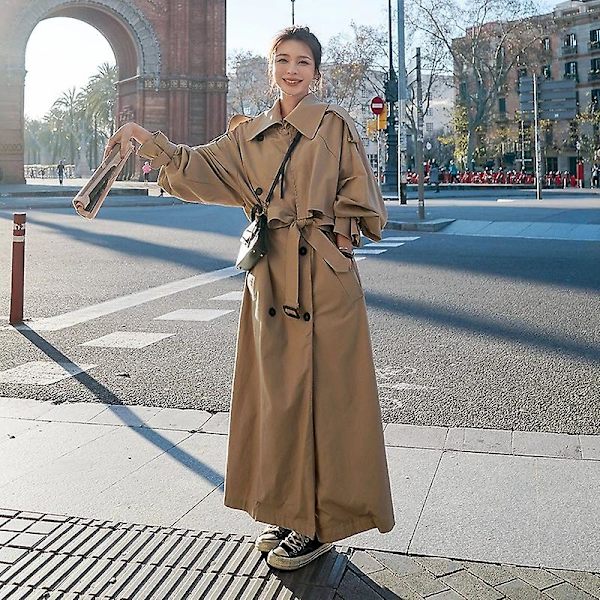 Trenchcoat för kvinnor Lös oversize lång jacka Dubbelknäppt bälte Dammantel Grå vindjacka Khaki M