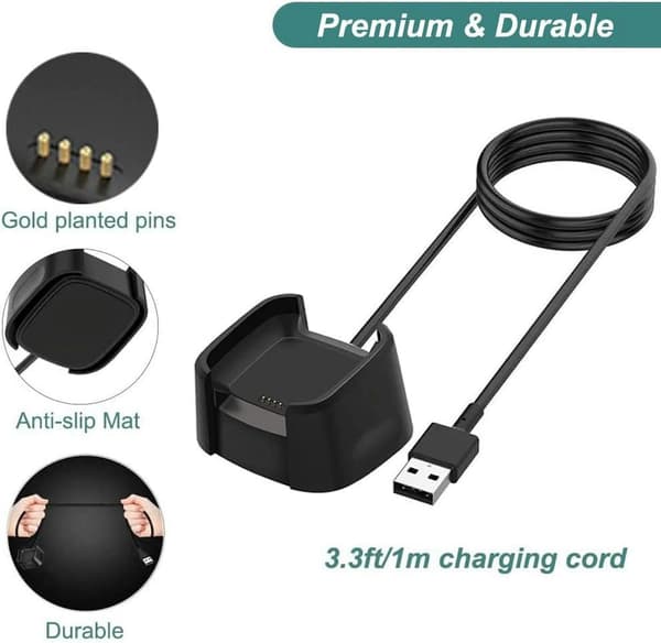 Lader for Fitbit Versa 1/Versa Lite/Versa Se, erstatningsladingstasjonkabel kompatibel med Fitbit (2-pakning)