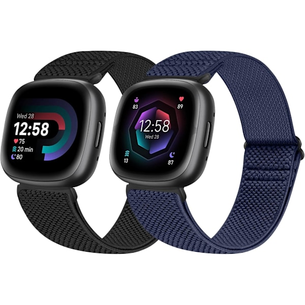 Elastisk klokkereim for Fitbit Versa 4/Versa 3 - Justerbar nylon (2-pakning)
