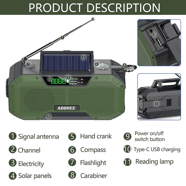 Grøn nødradio 5000mah Solar Håndsving Bærbar Am/fm/noaa Sos Radio Med lommelygte amp;læselampe Mobiltelefonoplader green antenna