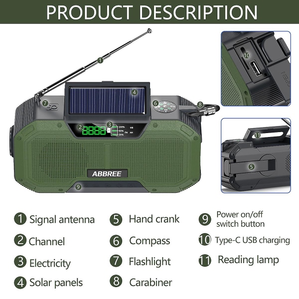 Grønn nødradio 5000mah Solar Håndsveiv Bærbar Am/fm/noaa Sos Radio Med lommelykt amp;leselampe Mobillader green antenna