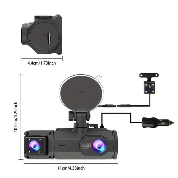 Camrea Bilkamera Opptaker 3-Kanals Dashbordkamera med 2.0\" IPS Skjerm WiFi Aktivert G-Sensor Loop Opptak