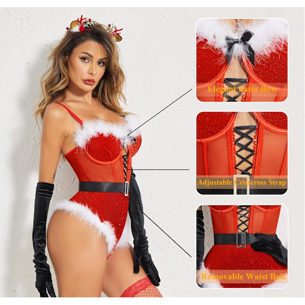 Underkläder för Kvinnor Knäppning i Grenen Bodysuit Jultomte Kostymer Djup V Boudior Outfits