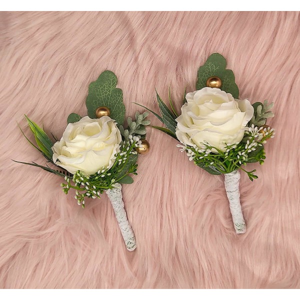 2 st Bröllop Boutonniere För Brudgum Och Best Man Kostym Dekoration Konstgjorda Rosor Knapphål Blomma För Bröllop Bal Party, Elfenben