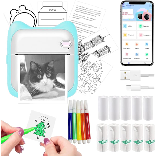 Bærbar Blækfri Termisk Stickerprinter Kompatibel med iOS og Android med 10 Ruller Papir og 5 Blå Penne
