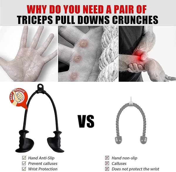 Ergonomisk Triceps Rope Pull Down med anti-skridsikkert naturgummi greb til aktivering af flere muskelfibre - gym reb til Push Downs, Triceps Pull Downs