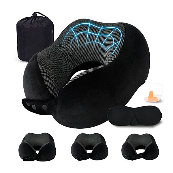 Memory Foam Resekudde Justerbar Nackkudde med Ögonmask, Öronproppar svart