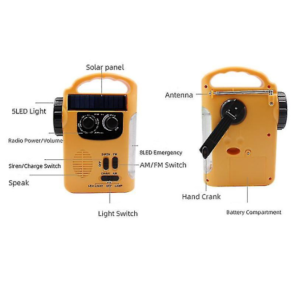 Solardriven radio LED-ficklampa Nödbelysning Nödlarm Ljud Nödladdning för mobiltelefon
