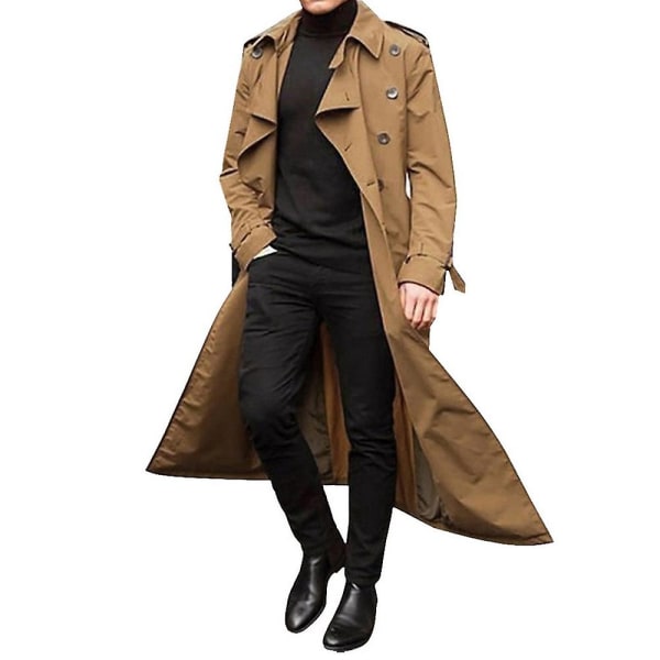 Menn Trench Coat Dobbeltspent Lapel Windbreaker Mann Langjakke Yttertøy Khaki S