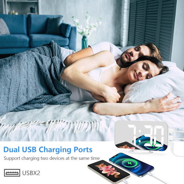 Väckarklocka Digital Väckarklocka LED Spegel Väckarklocka med Dubbla USB-Portar