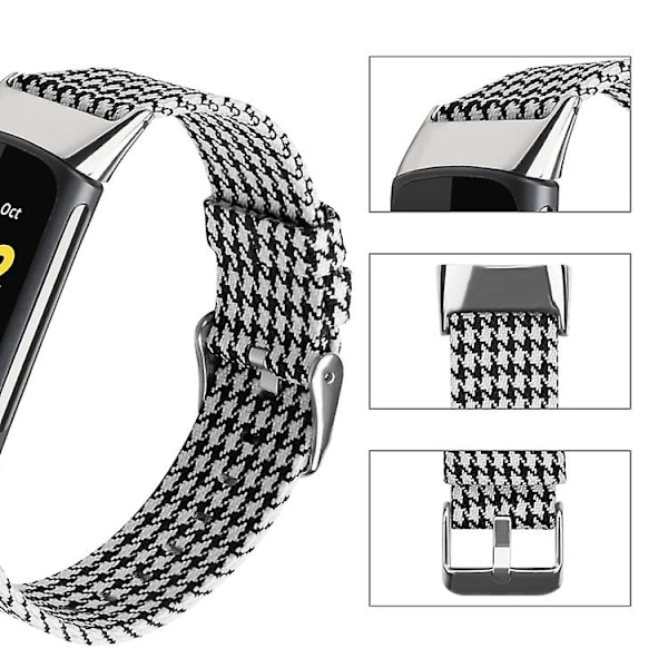 För Fitbit Charge 5 Nylon Canvas Watch Band Black White Grid