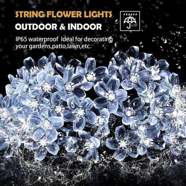 7M 50 LED Sakura Solarcelle Lyskjede Hage Eventyrlys 8 Blitsmoduser Hvitt lys 7M