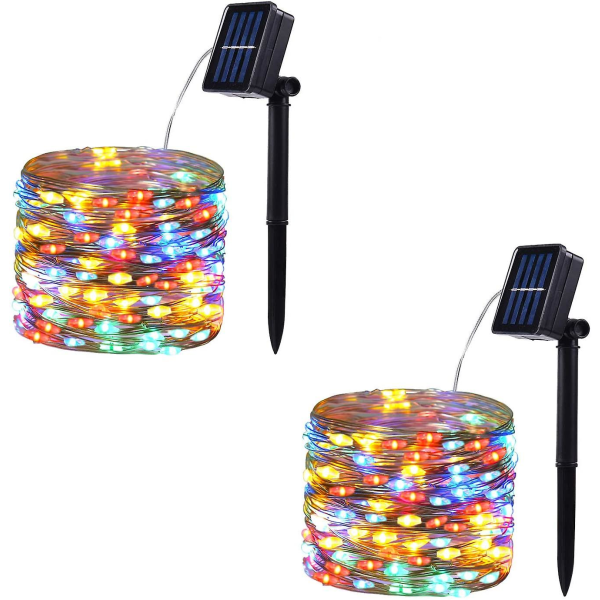 2 pakke 100 led solcelledrevne lysstrenger, utendørs vanntett kobbertråd 8 moduser eventyrlys for hage, uteplass, fest, jul, hjemme
