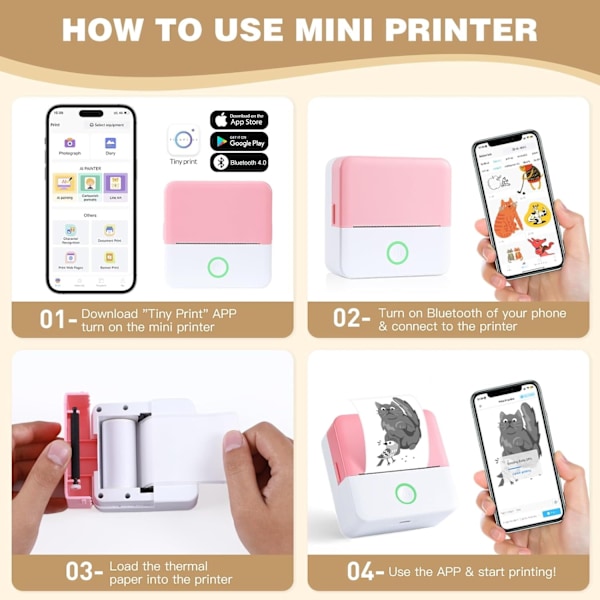 Mini Termisk Skriver Trådløs Etikettprinter med Bånd Kompatibel med iOS og Android Rosa