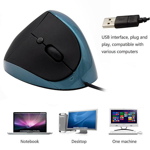 Trådbunden vertikal mus, liten ergonomisk mus med hög precision optisk möss med justerbar känslighet 800/1200 /1600 Dpi, 6 knappar, för små händer blue