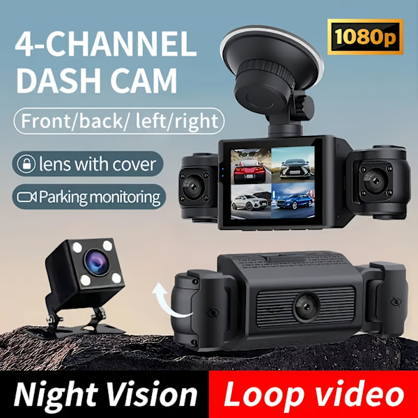 Camrea Bil Färdskrivare 360°4 Kamera 1080P FHD Dash Cam 2.4\" IPS Skärm