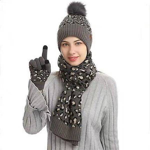 Vinter Varm Strik Beanie Hat Tørklæde Sæt Touchscreen Handsker Til Damer Gray
