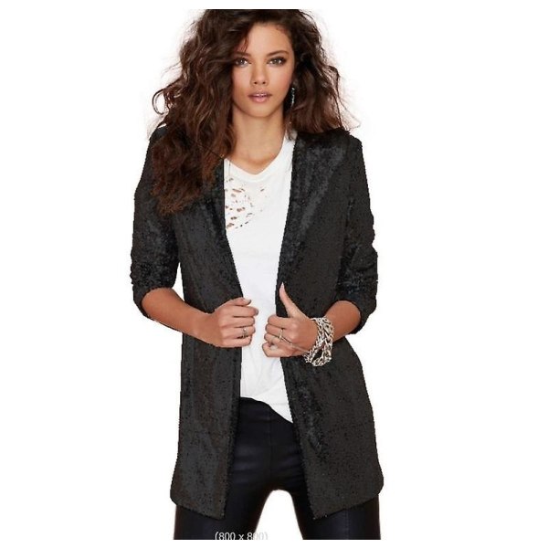 Kvinders pailletterjakke åben front blazer Casual langærmet cardiganfrakke black M