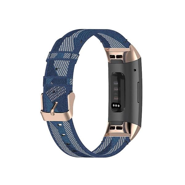 Til Fitbit Charge 4 / Charge 3 Se rustfrit stål hoved korn nylon denim erstatningsrem urrem Blue Stripe