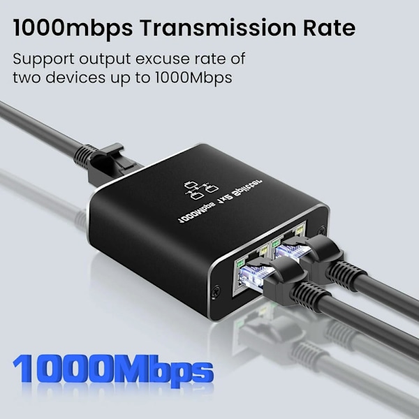Ethernet-jakaja 1-2, 1000Mbps RJ45 -verkkokytkin 1,5 jalan Cat8-kaapelilla ja USB-virtalähteellä, tukee kahta laitetta Cat5/6/7/8