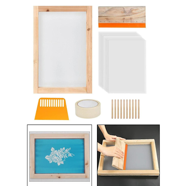 24 delar Screen Printing Starter Kit Trä Silk Screentrycksram med skrapor Verktyg för gör-det-själv-tröjor Klädväska Mesh Fram