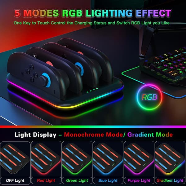 4-i-1-lader for Switch 2 Joy Con-ladestasjon med LED-indikator, svart