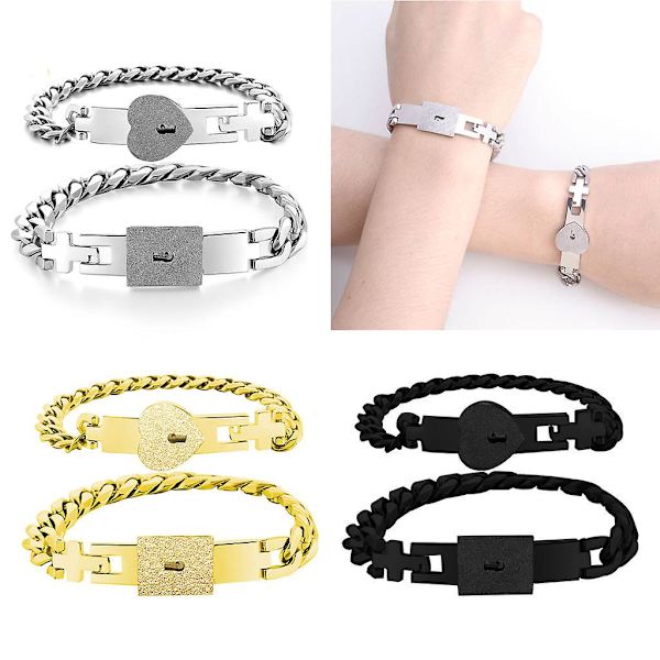 2kpl Hopeanvärinen ruostumaton teräs Lover Heart Love Lock Rannekoru Lukko-avaimen rannerengassarja Pari Korusetti Lahja Gold